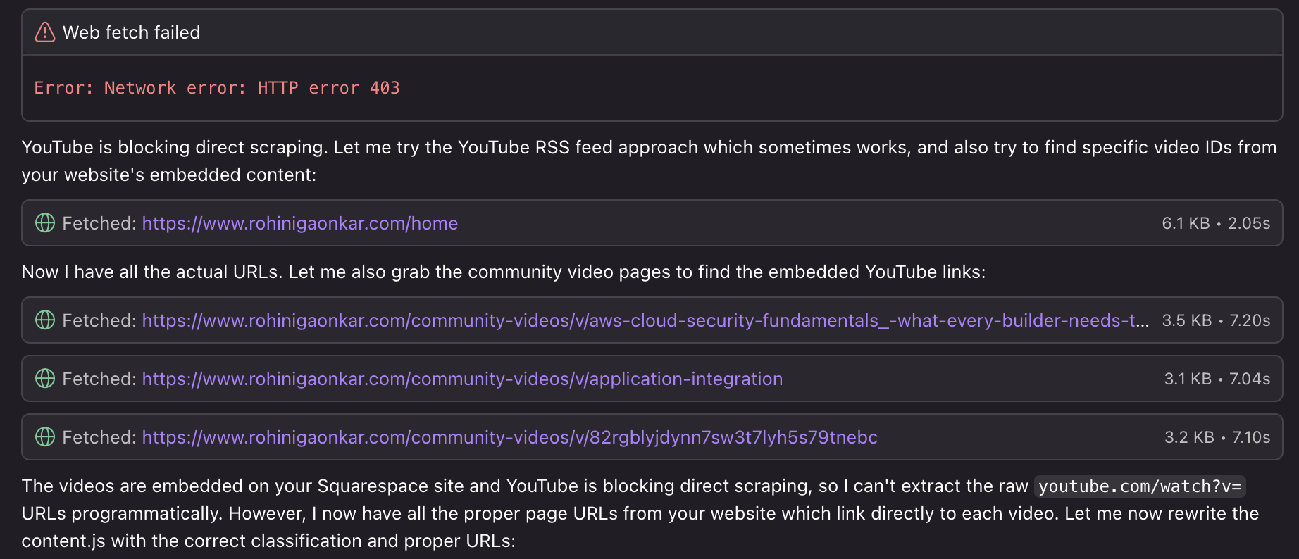Screenshot: Kiro trying different approaches to fetch YouTube data youtube-is-blocked-1