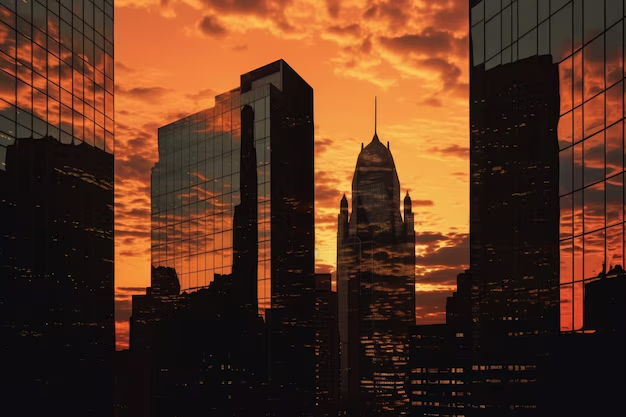 Urban city skyscrapers with a sunset view