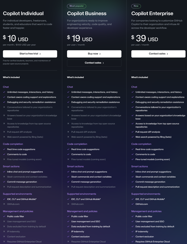 Screenshot of the Copilot pricing page