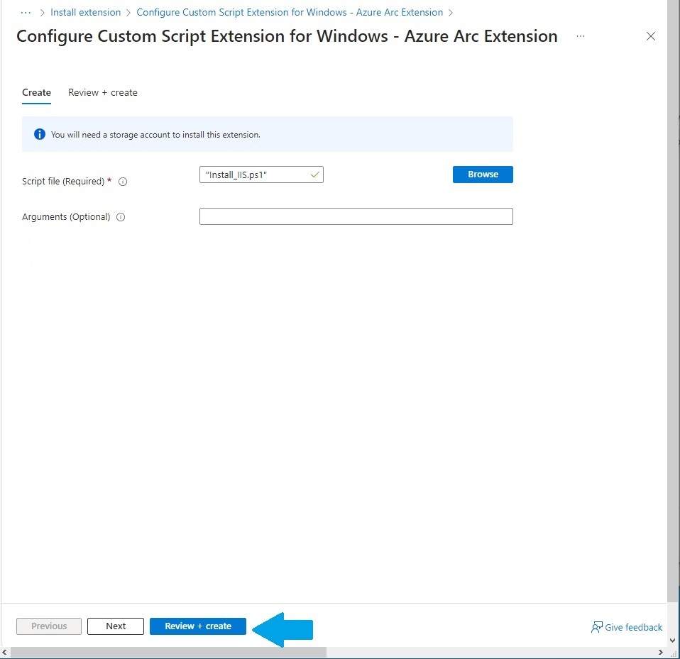 Clicking "Review+Create" to create extension