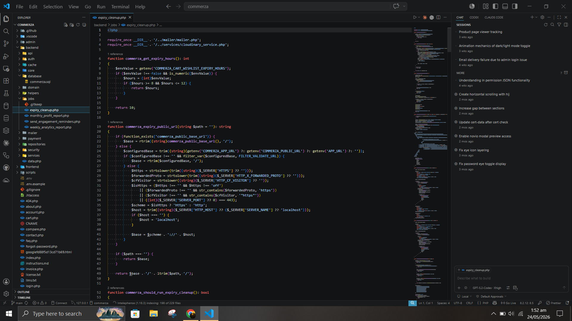 GitHub Copilot agent mode in VS Code: active code generation session, PHP security helpers file open