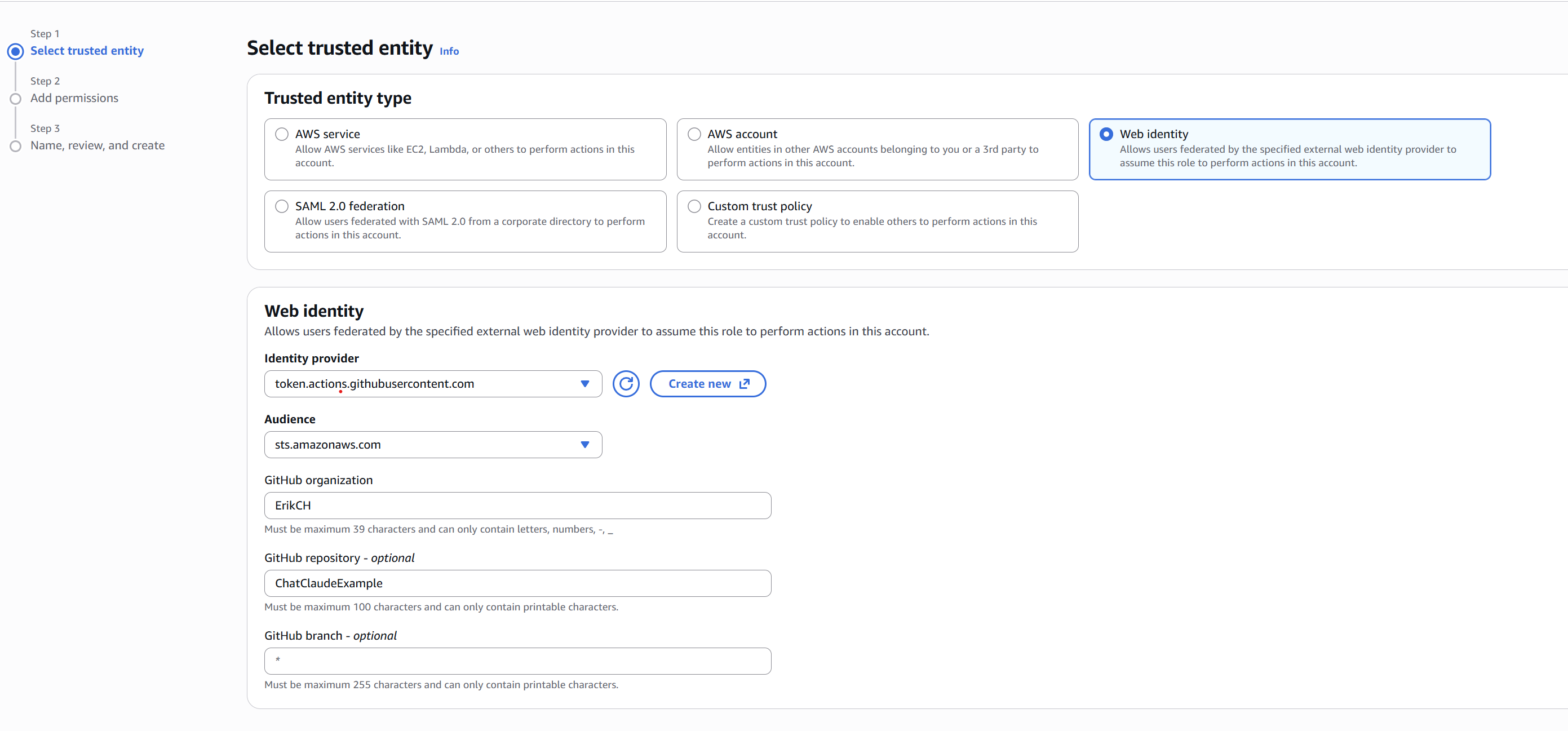 IAM role creation with Web identity provider and GitHub organization and repo fields