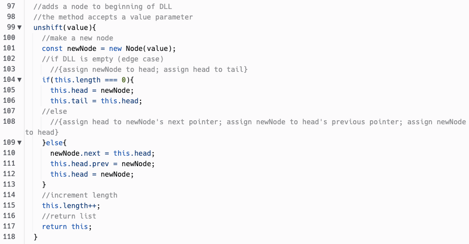 Screen shot of unshift method code