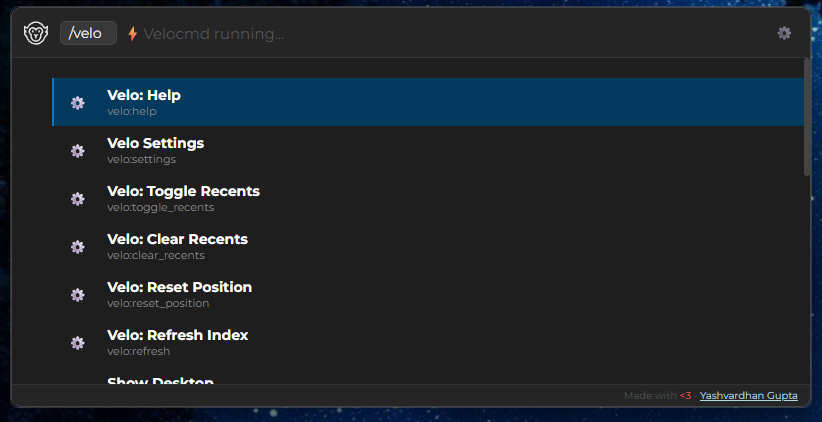 Velocmd: Commands