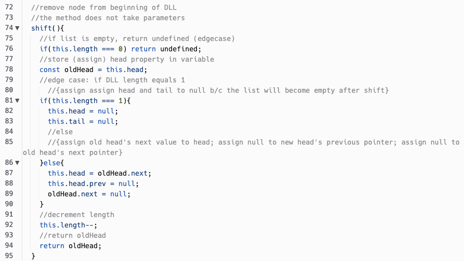 Screen shot of shift method code