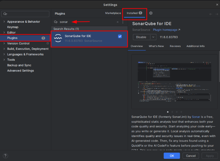 SonarQube plugin isntallation in IntelliJ