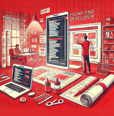  illustration for the "Architect" analogy, representing a Front-End Developer creatively designing a website interface. This image portrays the developer as an architect, surrounded by blueprints and design tools, in a modern, tech-focused office environment.