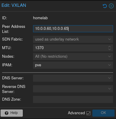 VXLAN zone configuration in the Proxmox nodes.