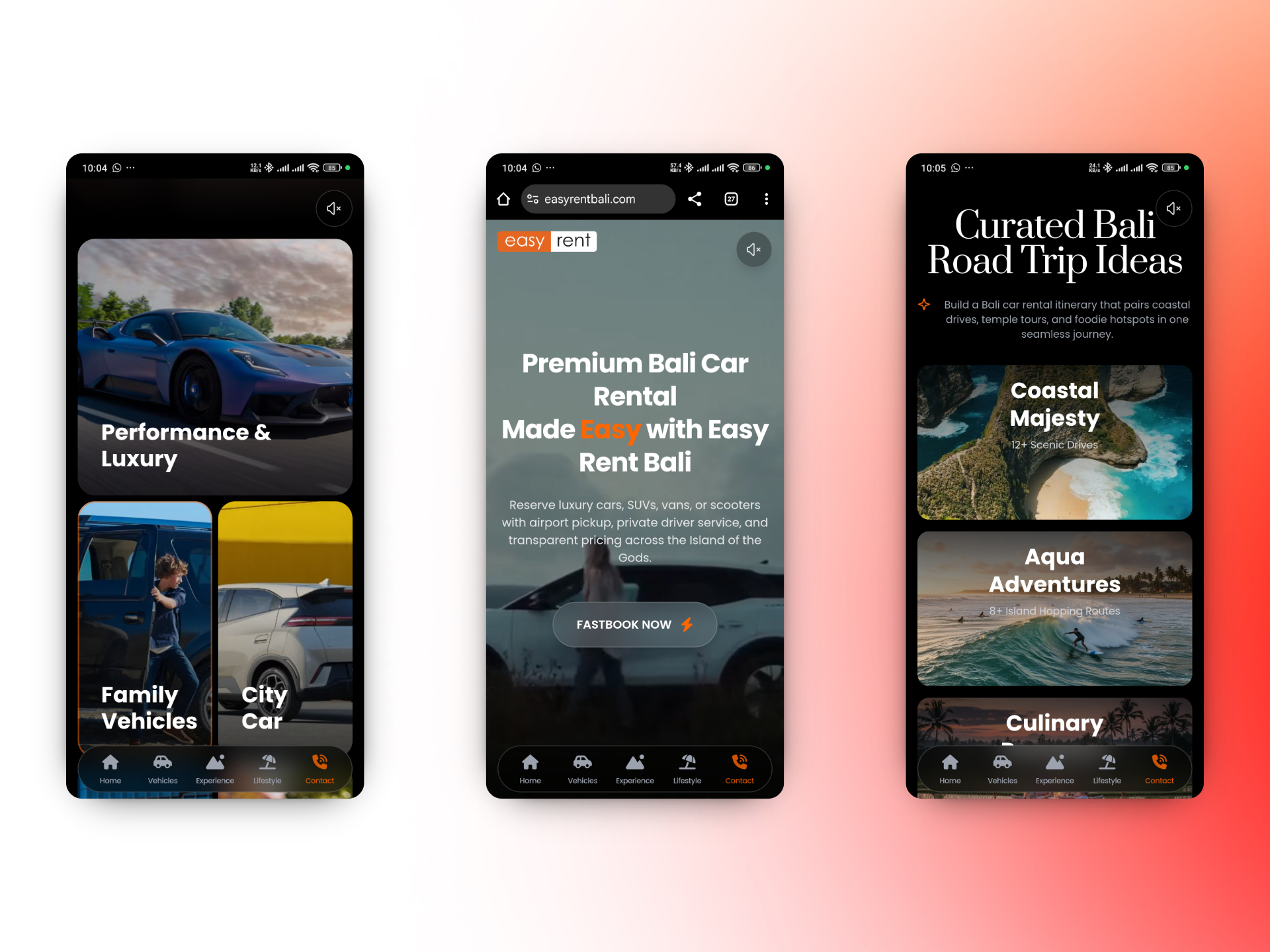 A split-screen view showing the Easy Rent Bali website on a mobile device, emphasizing a clean user interface with a booking form and vehicle options.