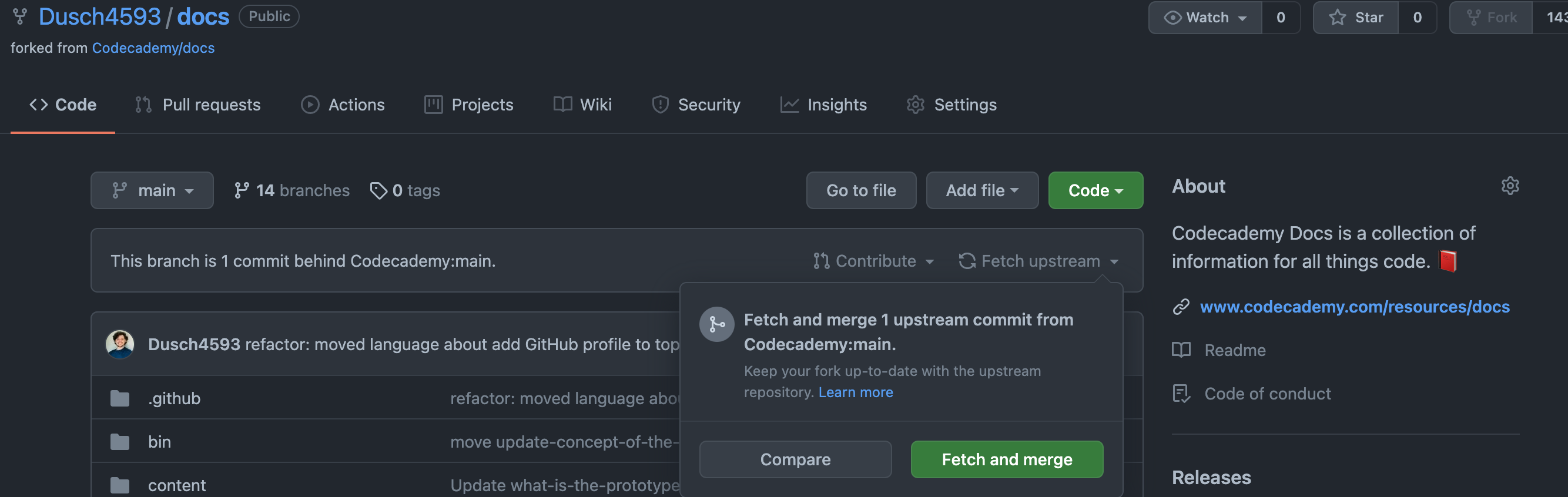 Screenshot of remote forked repository and green "Fetch and Merge" button