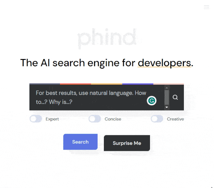 Phind AI search engine answering questions in a objective way