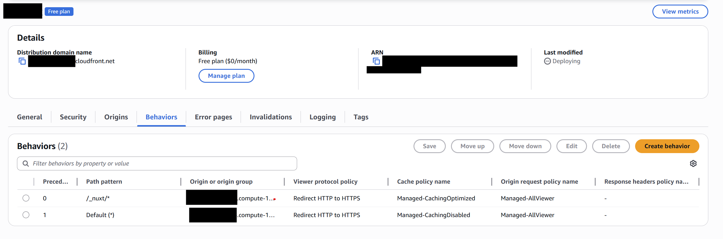 CloudFront behavior for /_nuxt/* path pattern with HTTPS redirect and GET HEAD methods
