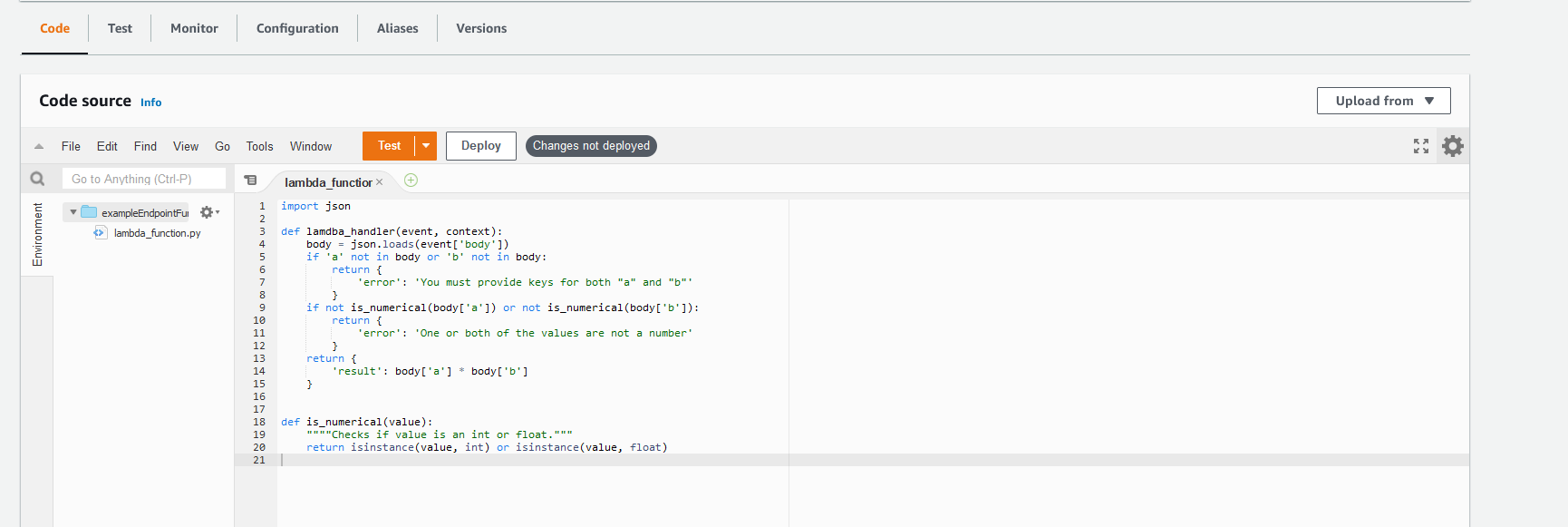 Example AWS Lambda function with our sample code above entered into the code tab.