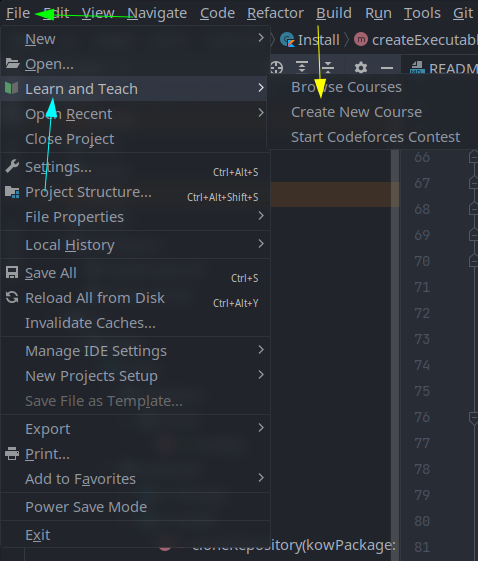 Botão create new course intellij