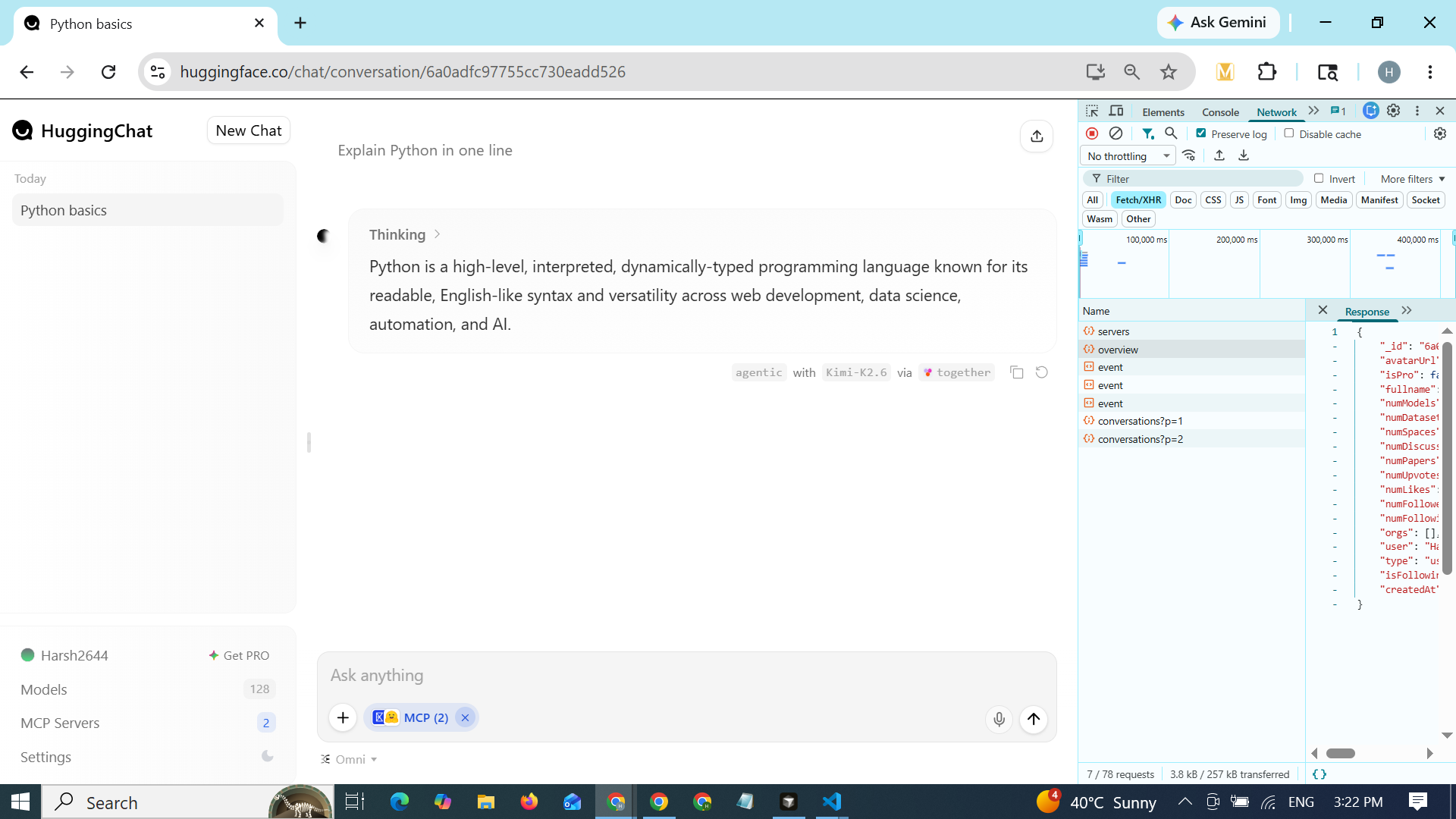 HuggingChat showing Kimi-K2.6 model with DevTools open agentic with Kimi-K2.6 via together visible in the chat
