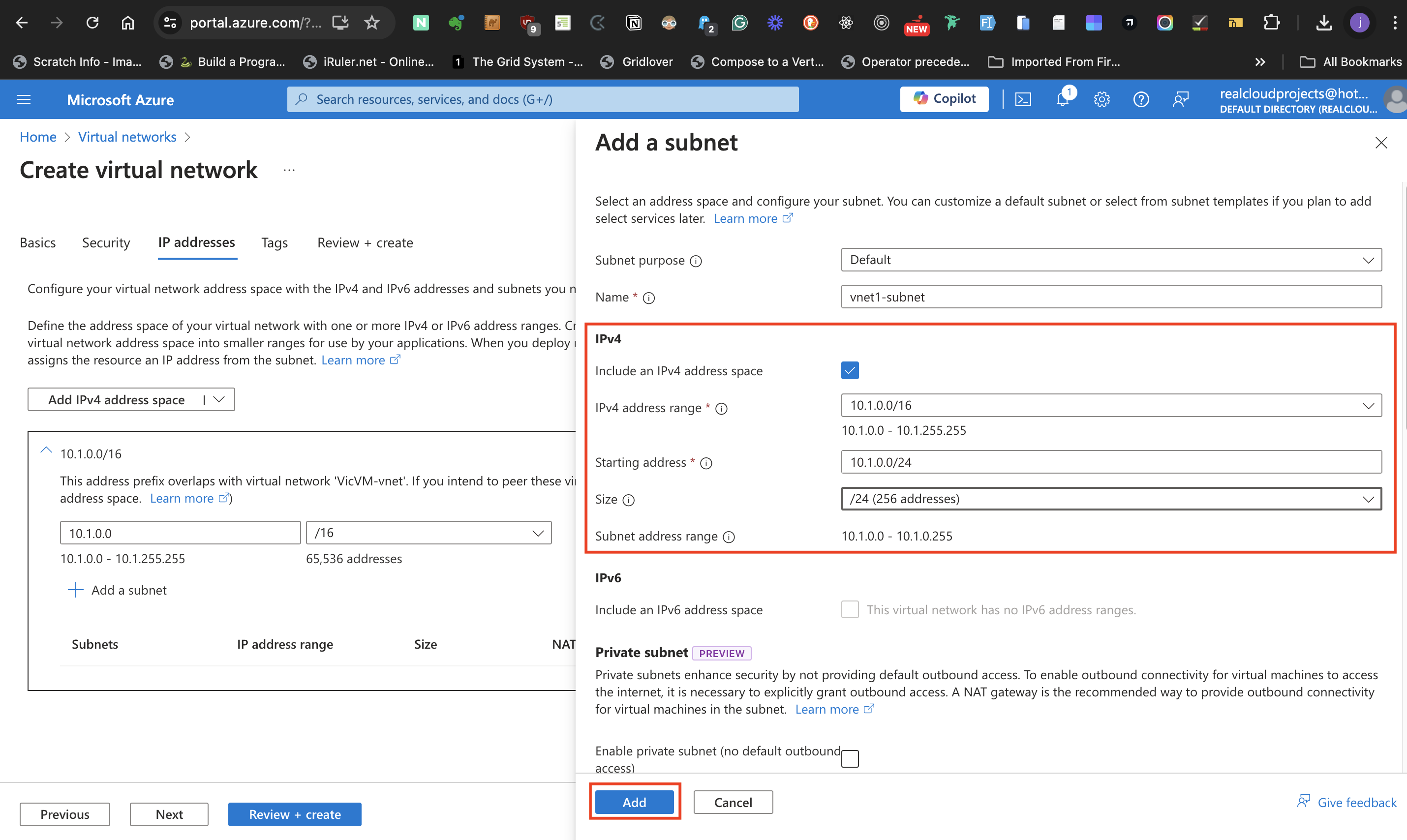 change subnet address range and click add