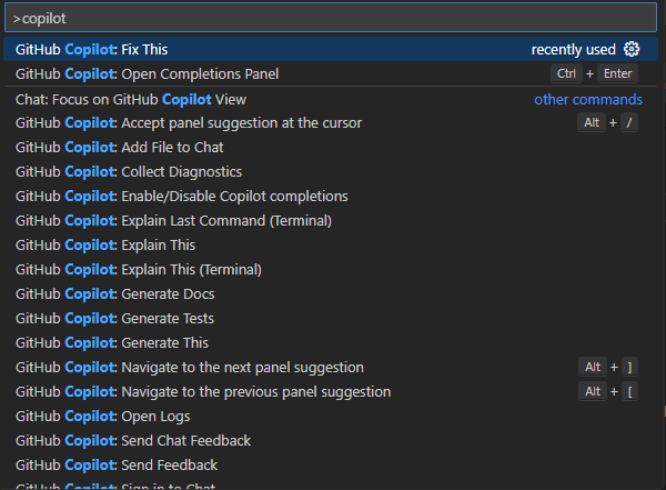 Copilot commands for VS Code
