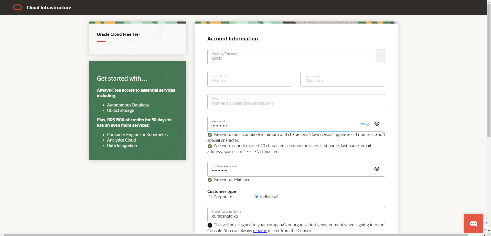 Tela de verificação, senha, nome da conta e região