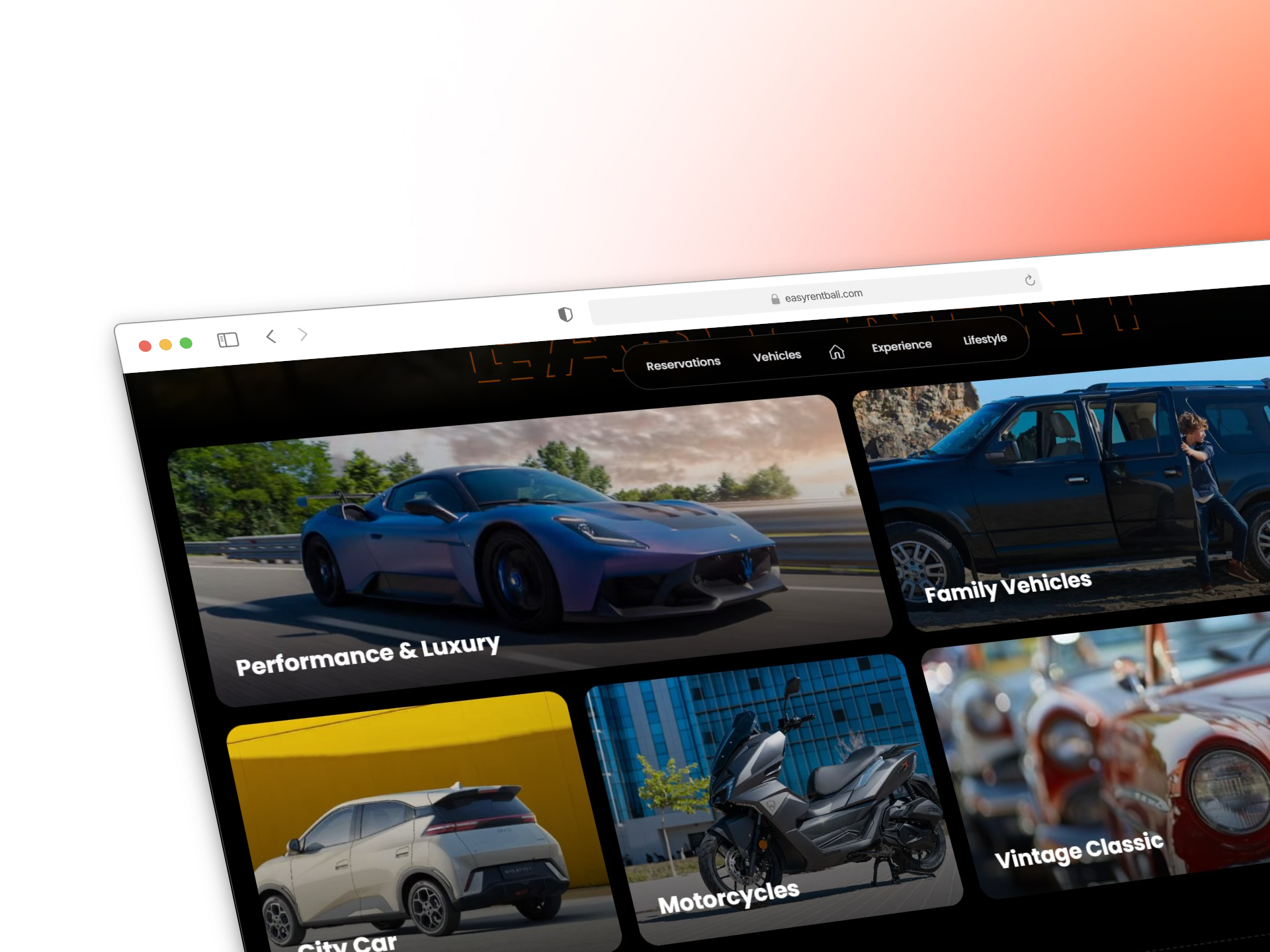 The vehicle selection page of the Easy Rent Bali website on a mobile device, displaying different car models with clear pricing and high-quality images.