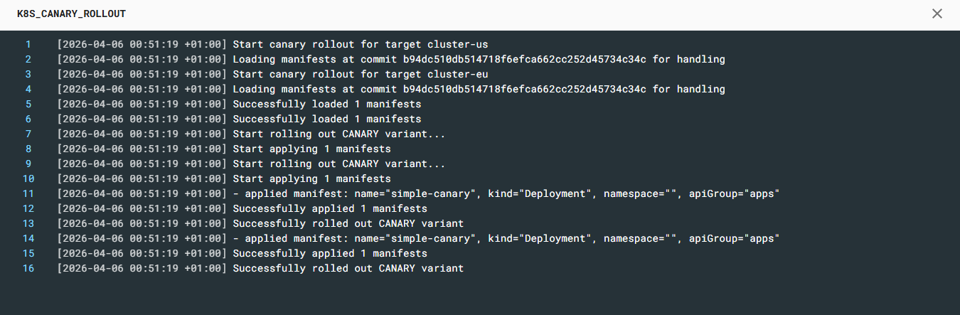 Canary rollout stage log applying manifests to cluster-eu and cluster-us