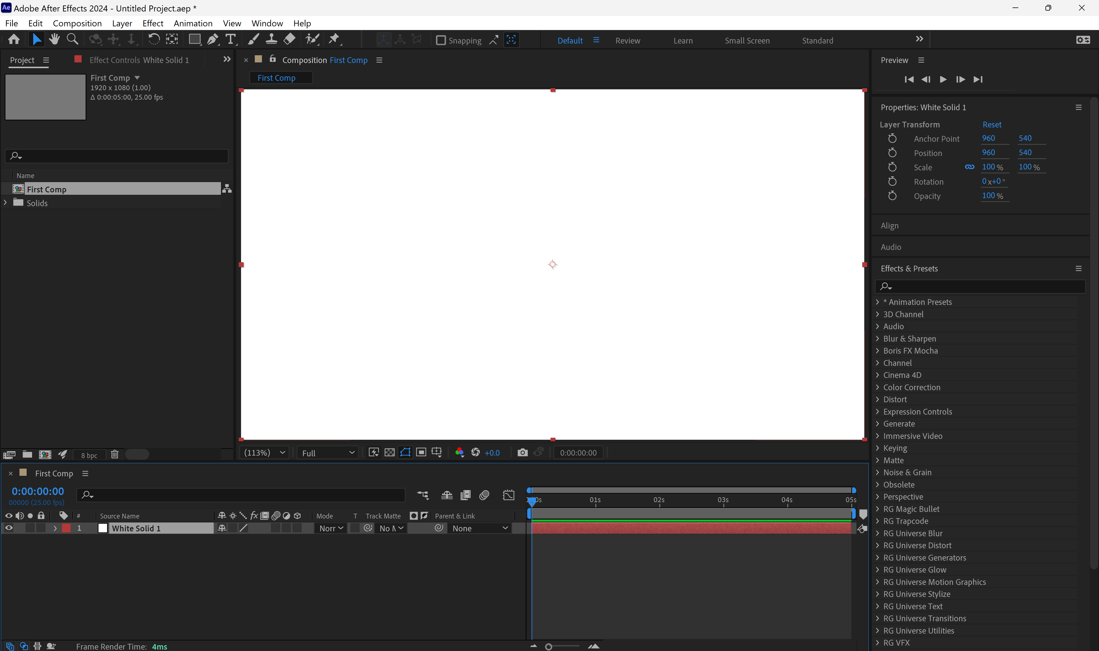 Screenshot of composition with a new solid visible in the timeline.