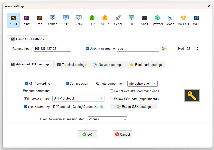 MobaXterm - Detalhes da nova sessão