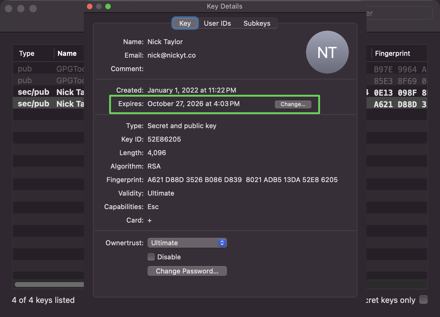 gpg 鑰匙圈中的金鑰對話框