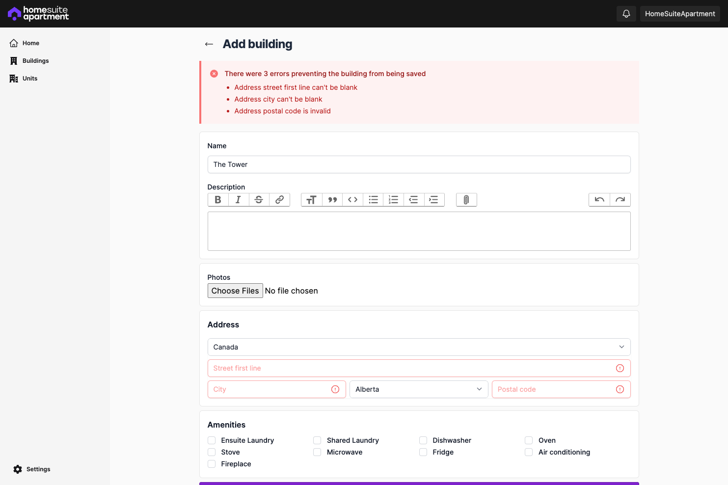New building page with validation errors