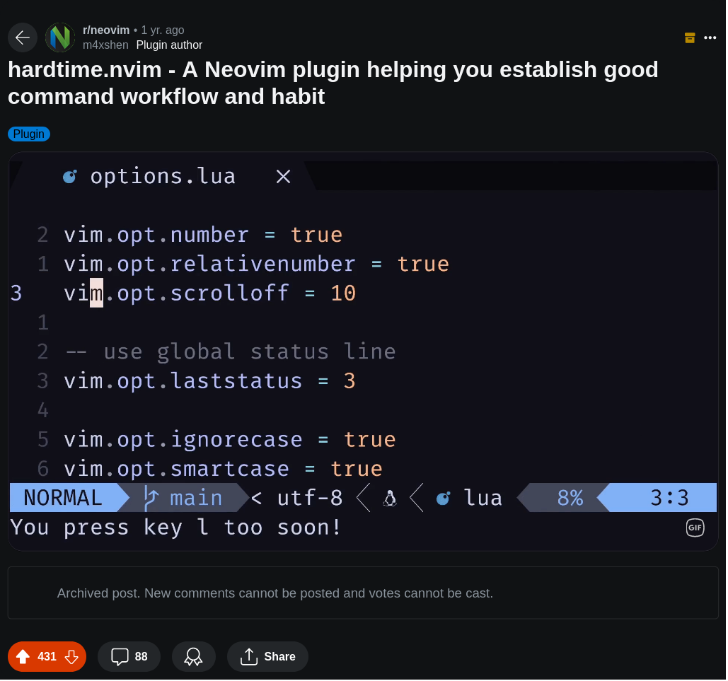 Reddit post introducing hardtime.nvim