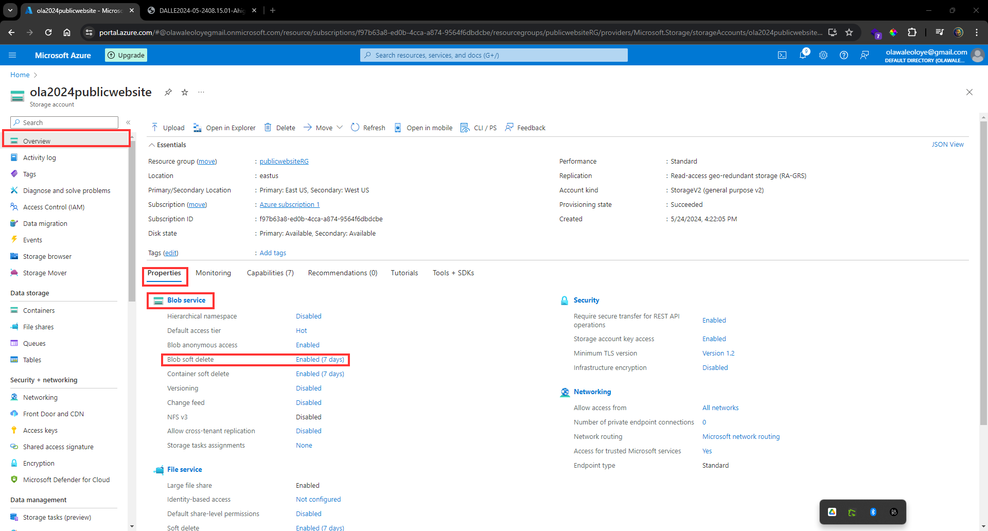 Blob soft delete setting