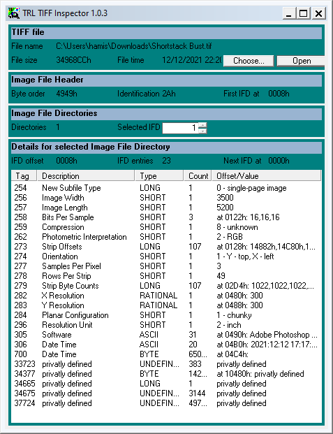Opening the Photoshop file in TIFF Inspector