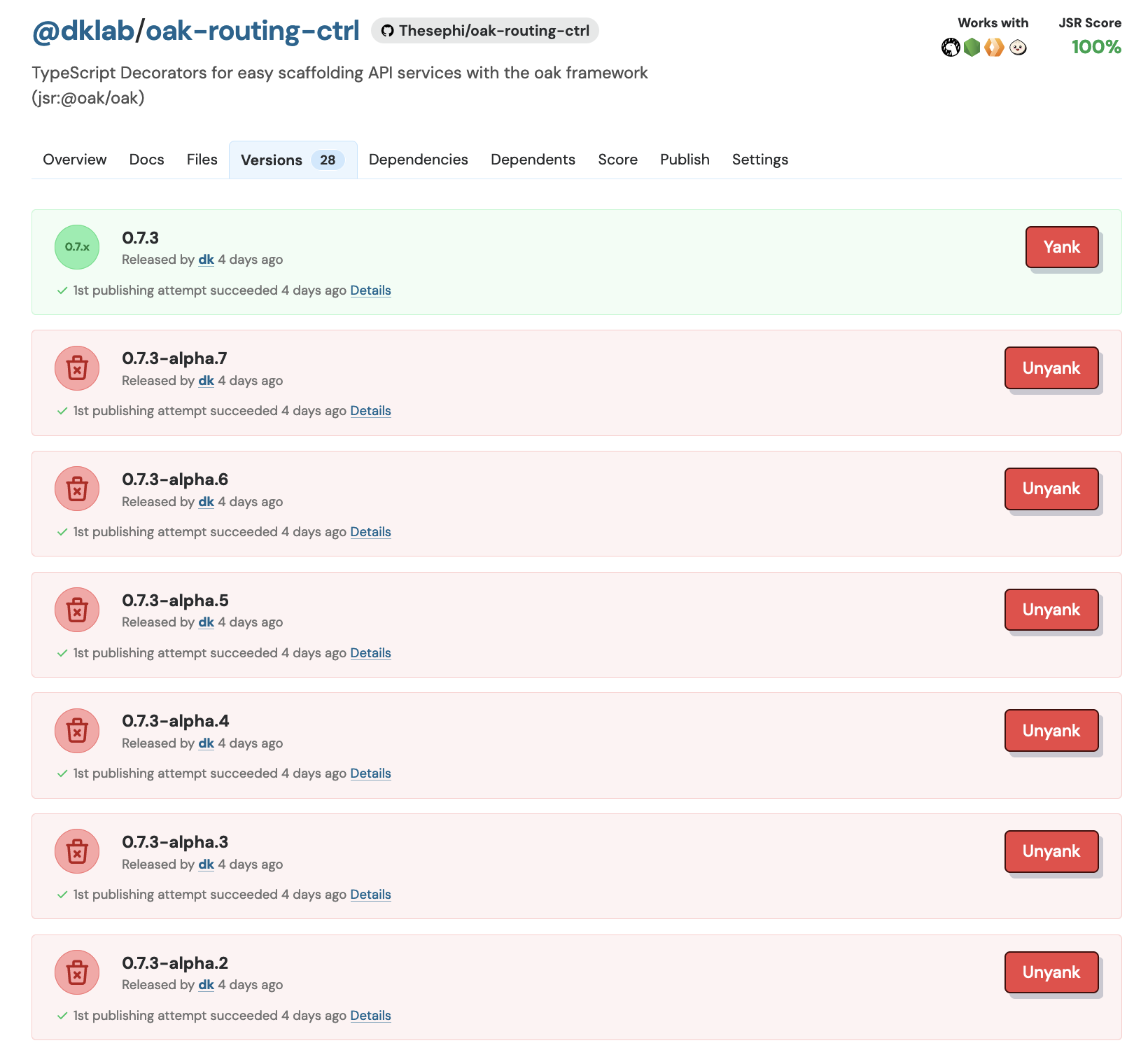 screenshot of the oak-routing-ctrl library on its JavaScript Registry page