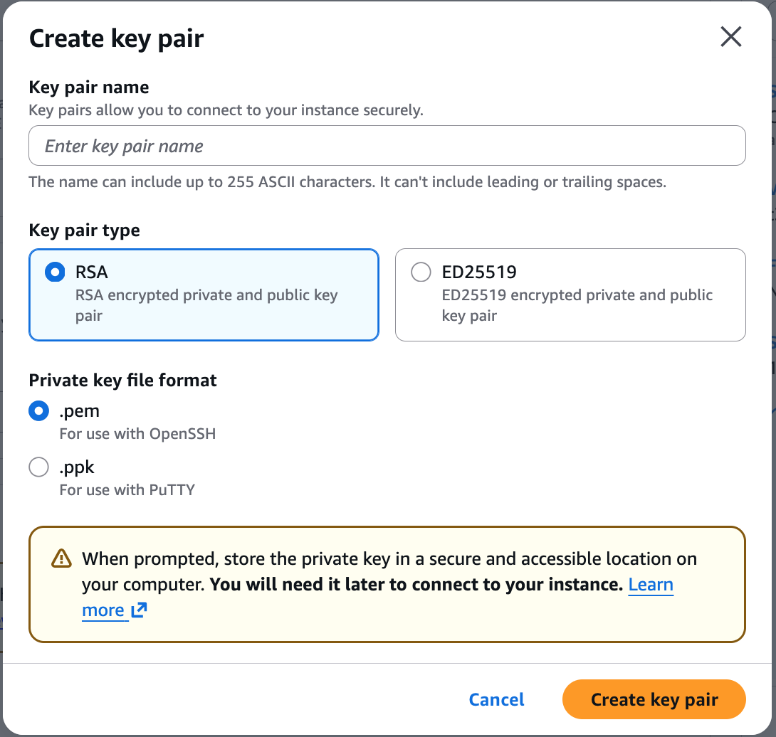 Create key pair dialog with name field and default settings