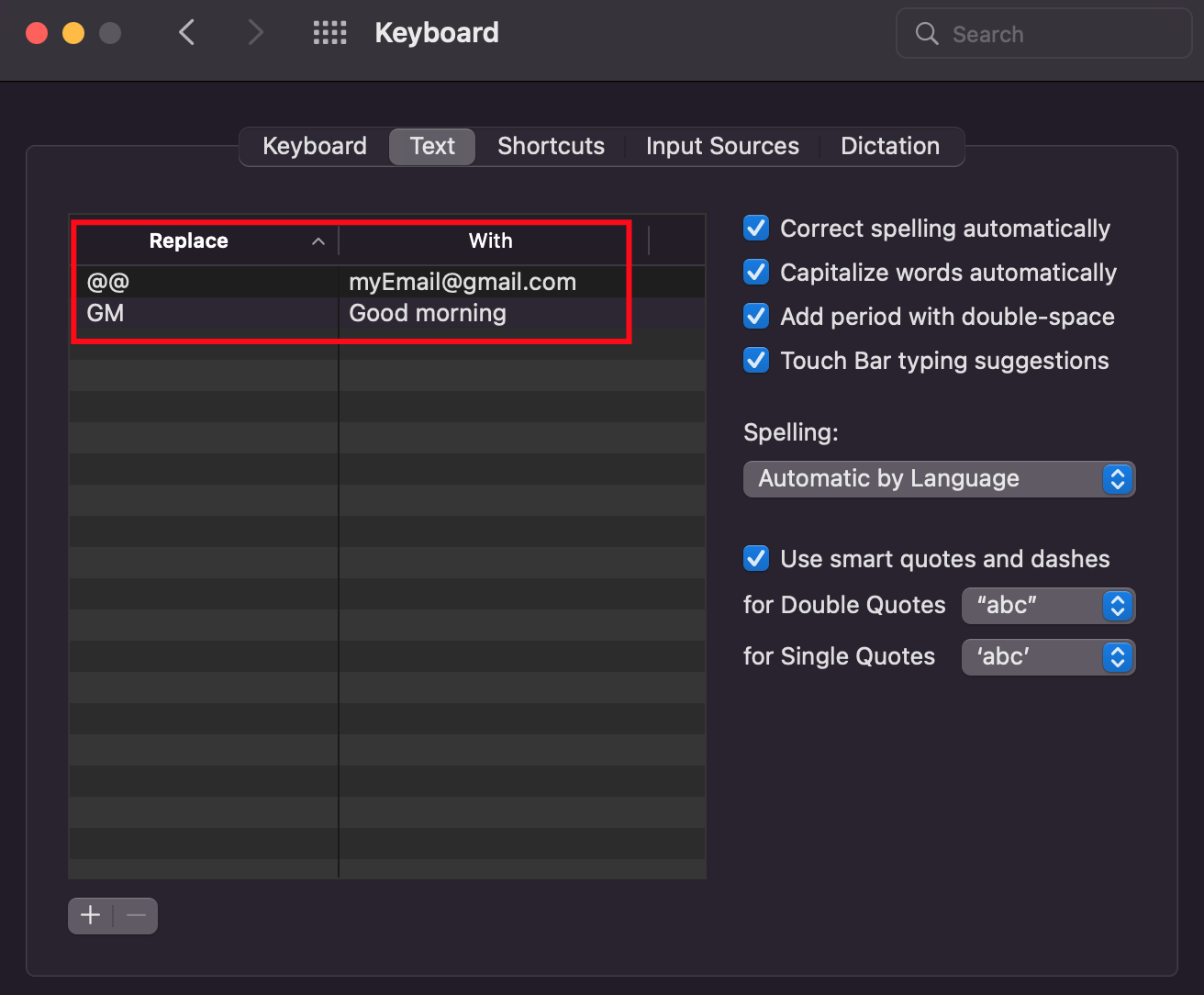 Text Replacements - preferences