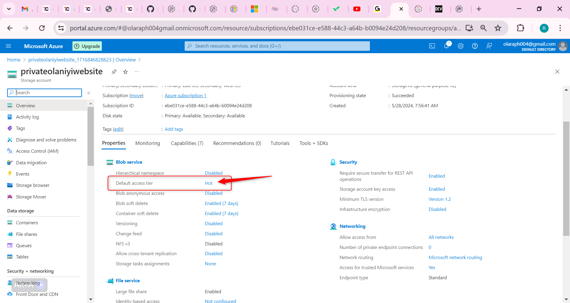 access tier is set to Hot.