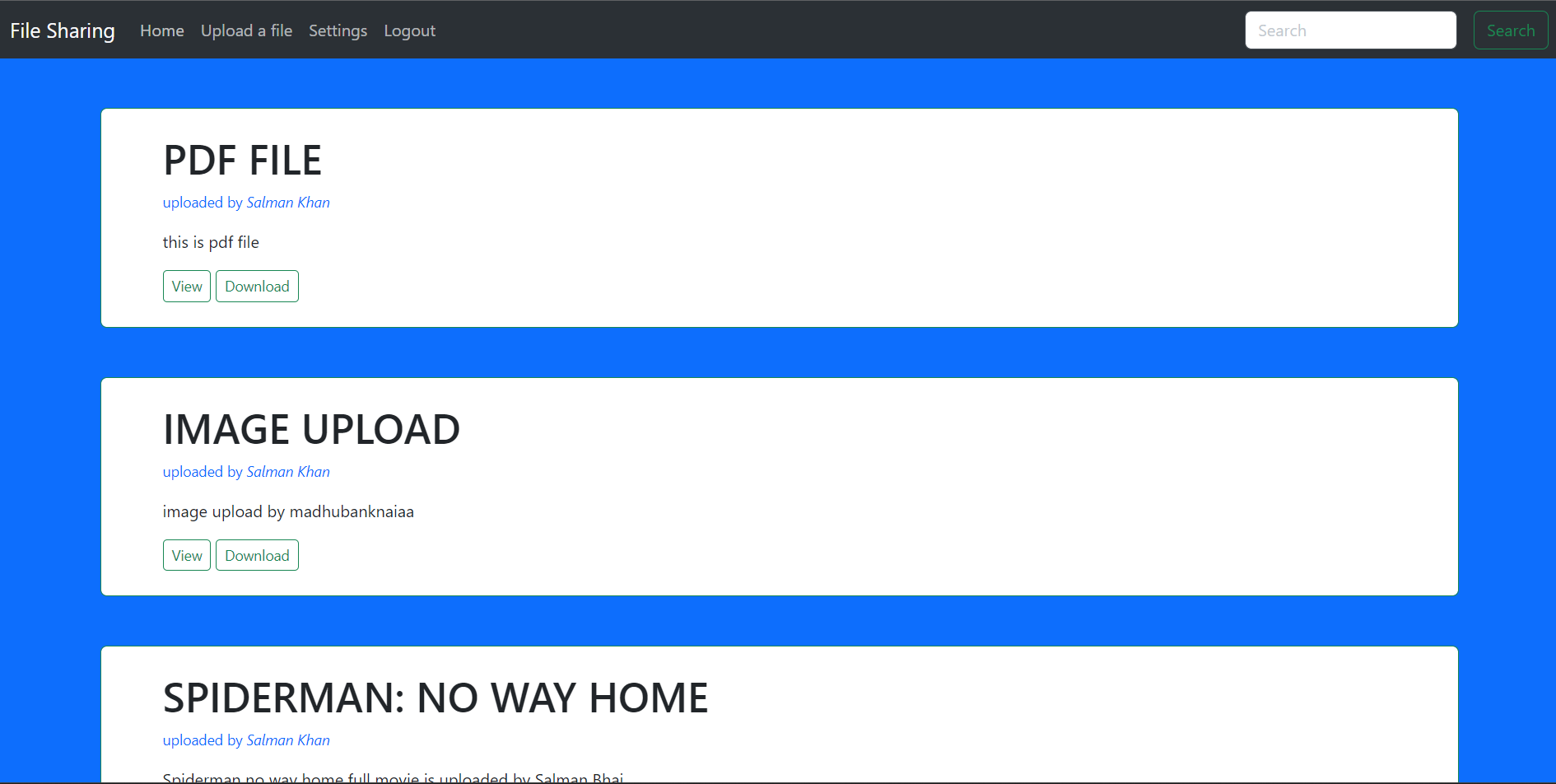 Home Page of File Share Website where users can find all the file which are uploaded on the server.