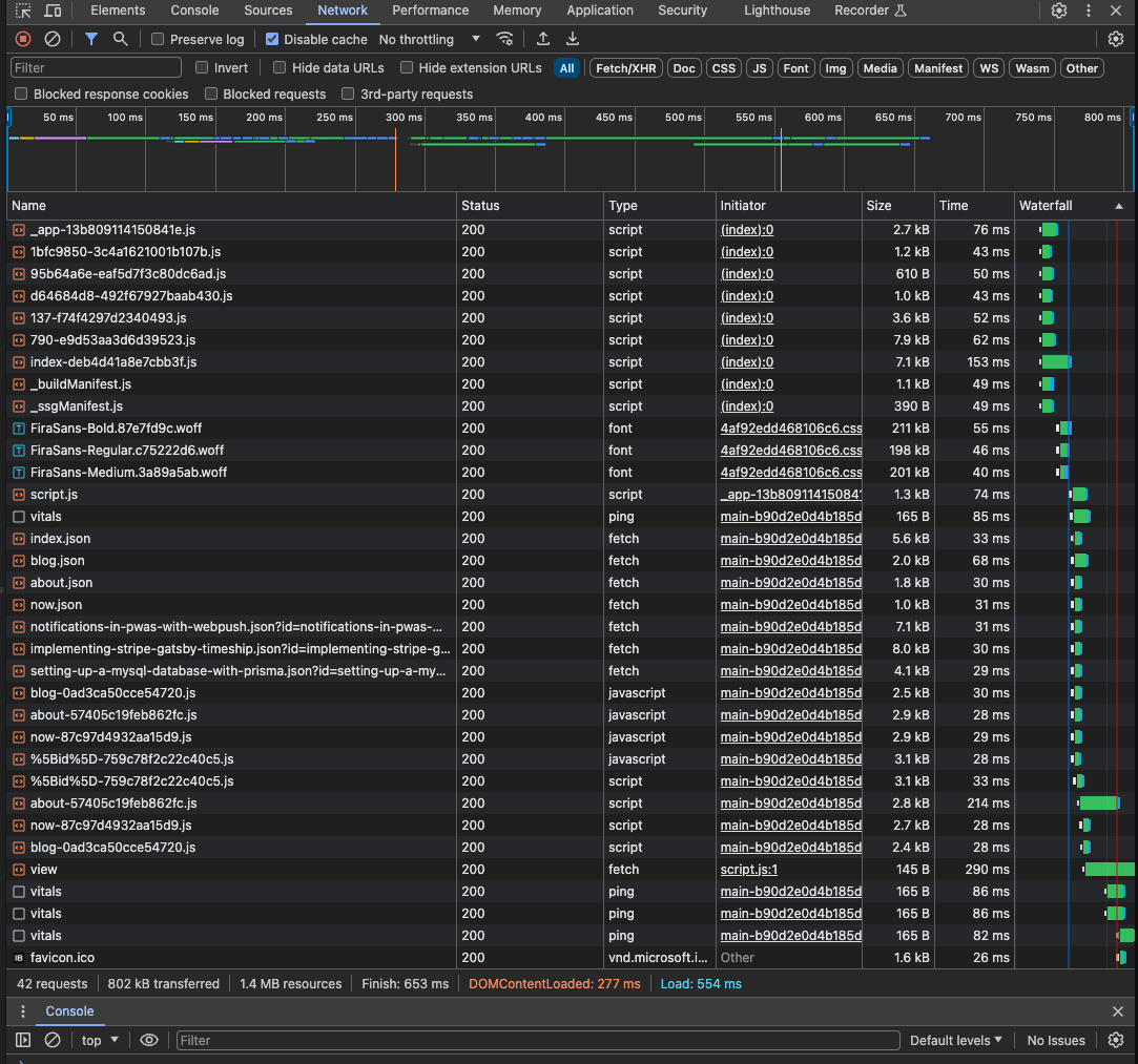 A before image showing networks logs with nextjs