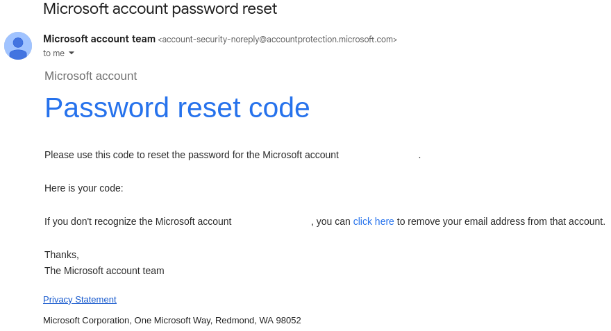 {Screenshot of an email telling me that it is a password-reset code.}