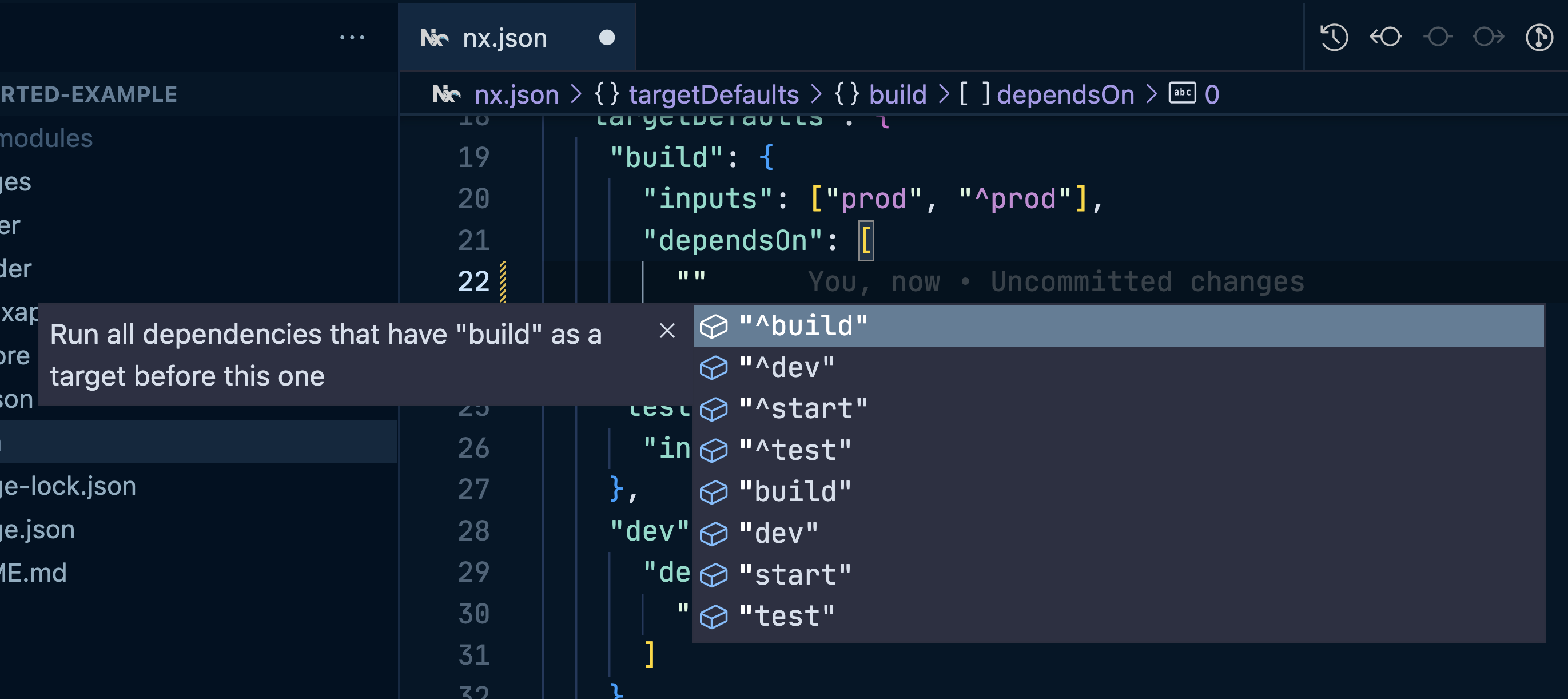 Screenshot of Nx Console autocompletion in a nx.json file
