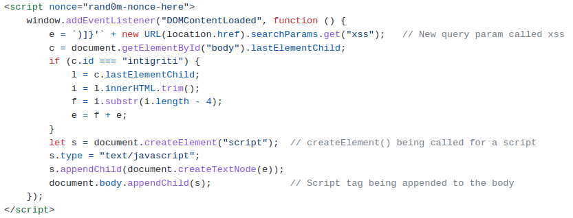 Script tag containing the create element function, and a new request parameter called xss