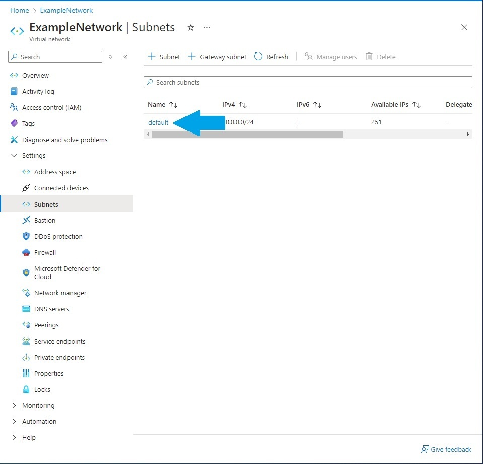 Clicking the default subnet