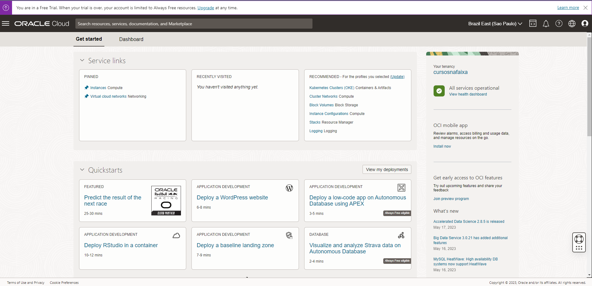 Tela central dos Oracle Cloud