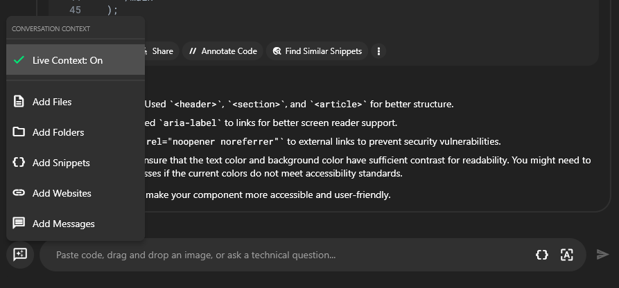 Screenshot of turning the live context on