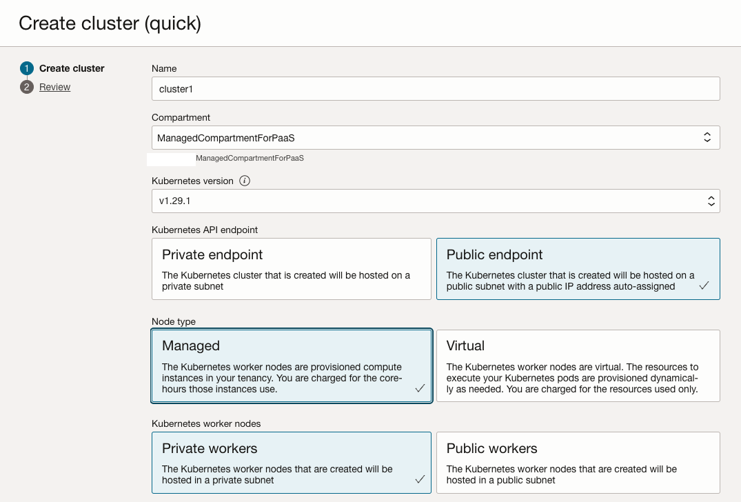 OKE creation configuration