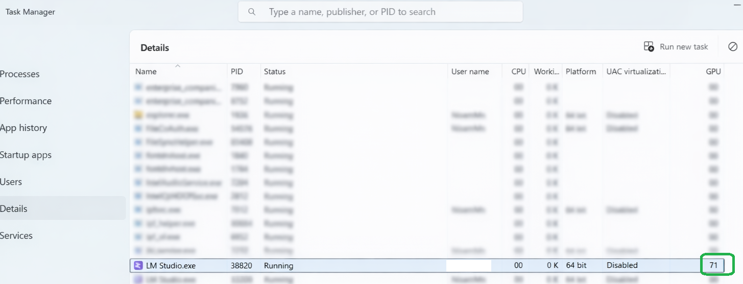 Windows Task Manager showing GPU utilization of a process