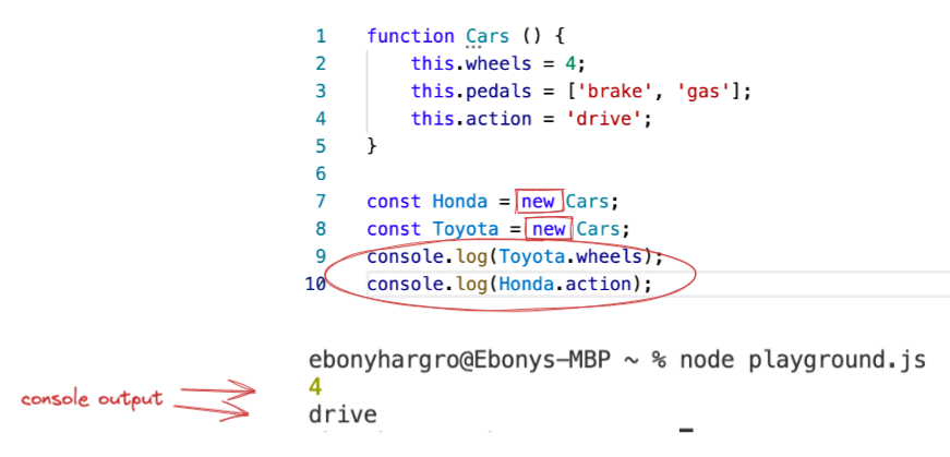 two screenshots - one of a JavaScript code snippet, the other of a terminal showing console output.