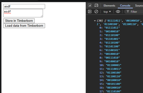 瀏覽器視窗顯示 HTML 表單和二進位資料的 console.log 輸出。
