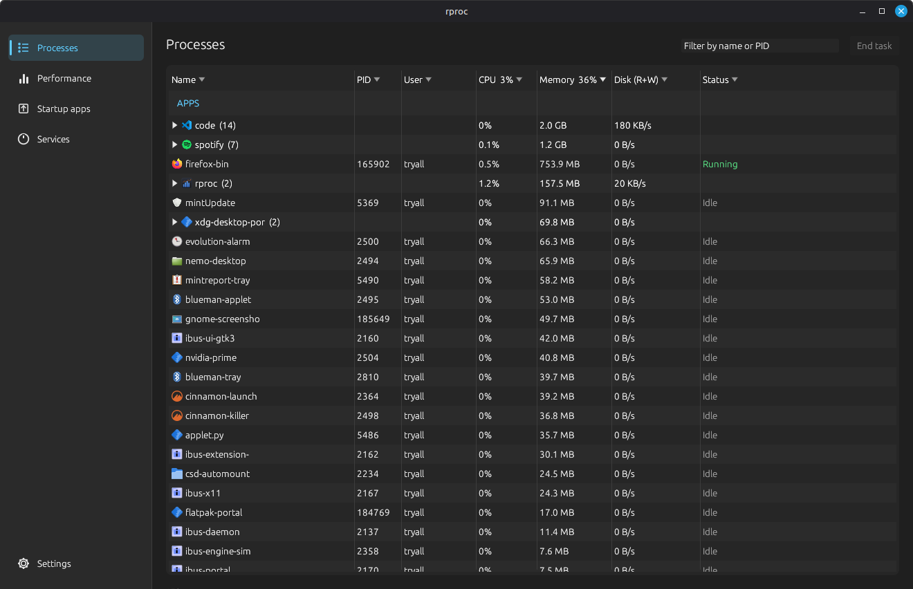 The Processes tab. Each row carries a freedesktop icon, decoded and downscaled to ~20 px before caching rather than held at native resolution. Clickable rows live in a persistent model that's mutated in place, never rebuilt, so a click never gets dropped by a refresh.