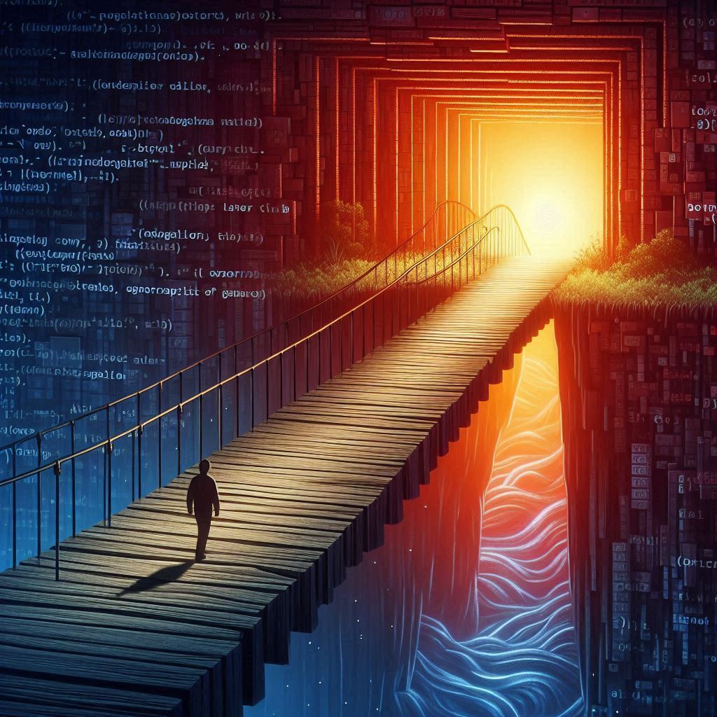 A bridge made of code blocks, spanning a chasm of darkness. The bridge is glowing with a warm, inviting light, symbolizing safety and security. On the bridge, a figure walks confidently, representing a programmer. In the background, a dark, swirling void represents the dangers of memory errors.