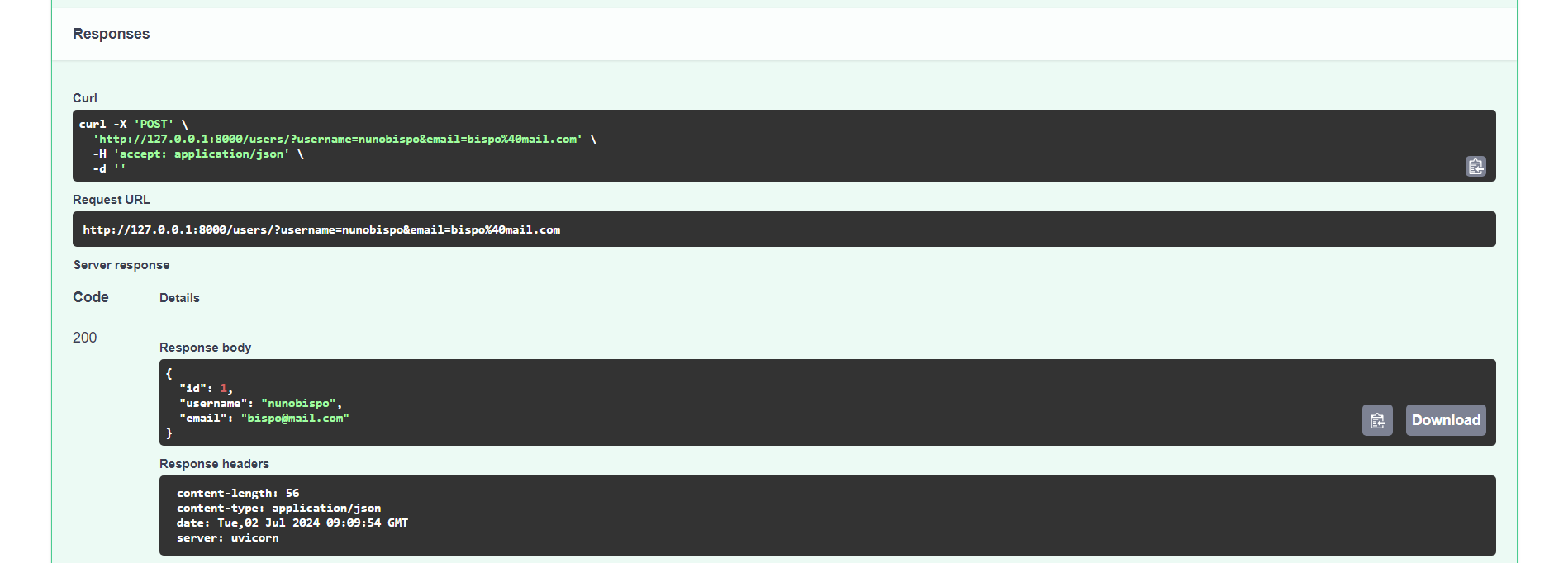 Response to the POST request to create a user
